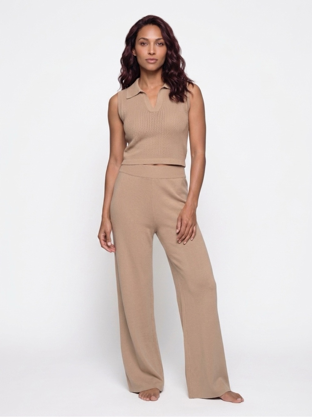 Women's Ribbed Knit Wide-Leg Pants Set in Beige
